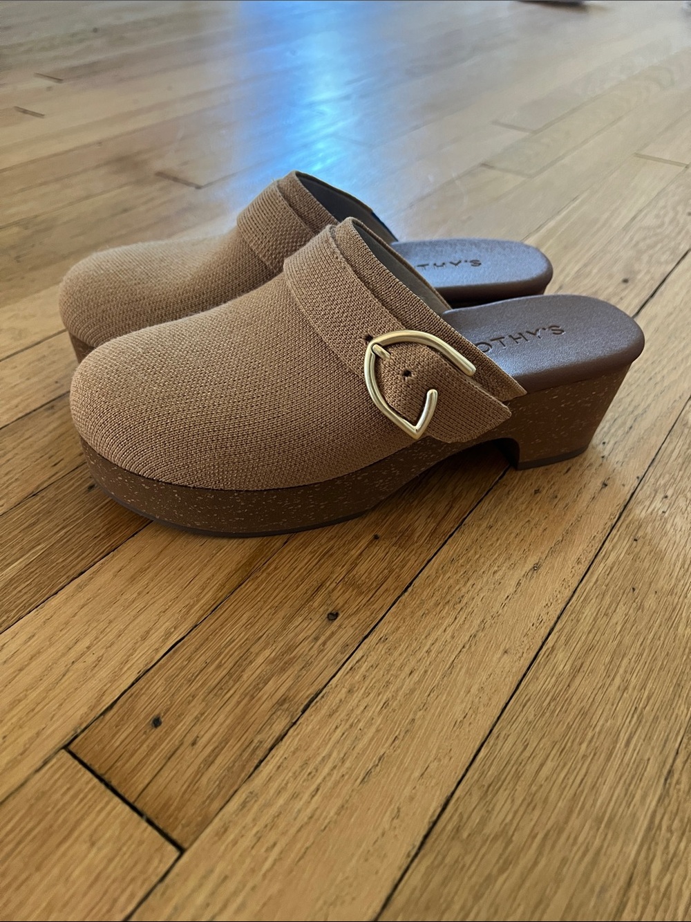 Rothy's Tan Fabric Clog Mules with Gold Buckle